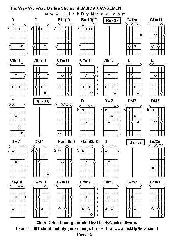 Chord Grids Chart of chord melody fingerstyle guitar song-The Way We Were-Barbra Streisand-BASIC ARRANGEMENT,generated by LickByNeck software.